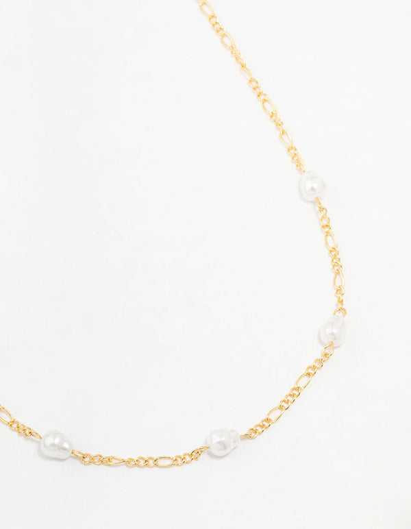 Gold Plated Figaro Pearl Station Necklace