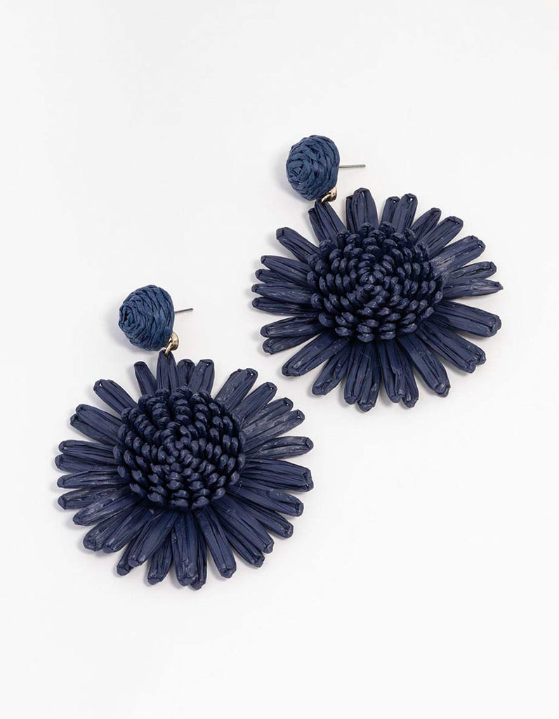 Navy Raffia Flower Drop Earrings