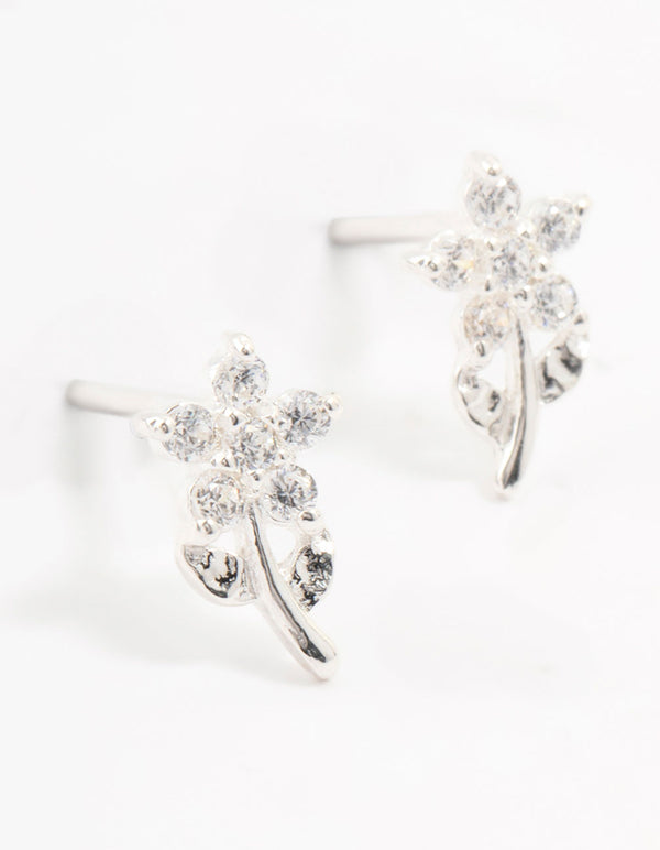 Sterling Silver Cubic Zirconia Flower Stem Earrings