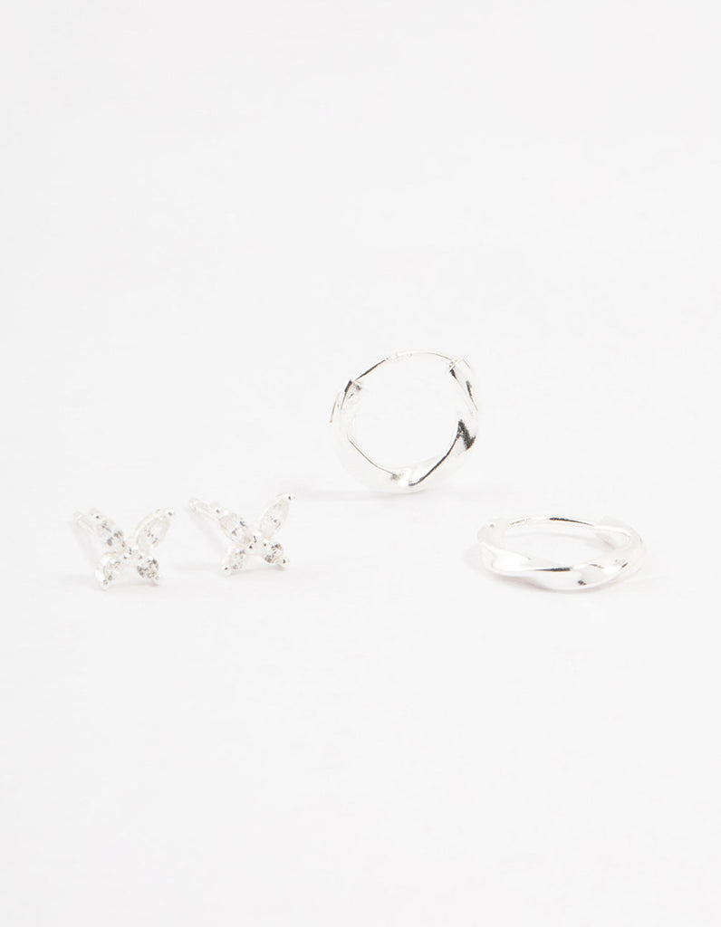 Sterling Silver Butterfly & Hoop Stud Earrings 2-Pack