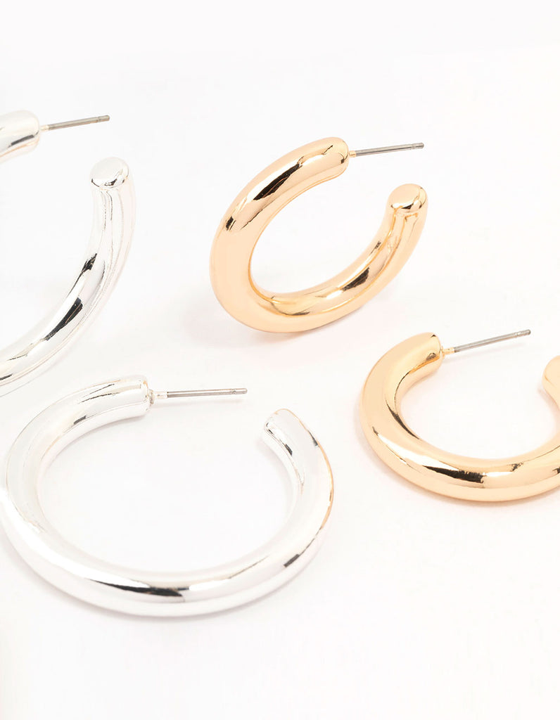 Mixed Metals Mixed Size Puff Hoop Earrings 3-Pack