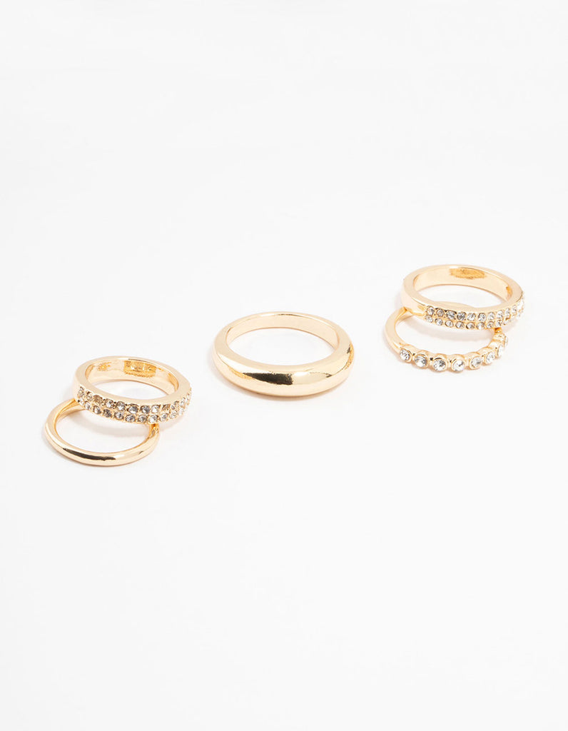 Gold Thick Diamante Band Rings 5-Pack