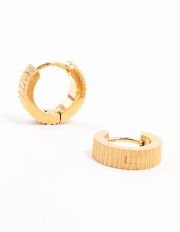 Gold Plated Stainless Steel Ribbed Wide Huggie Earrings