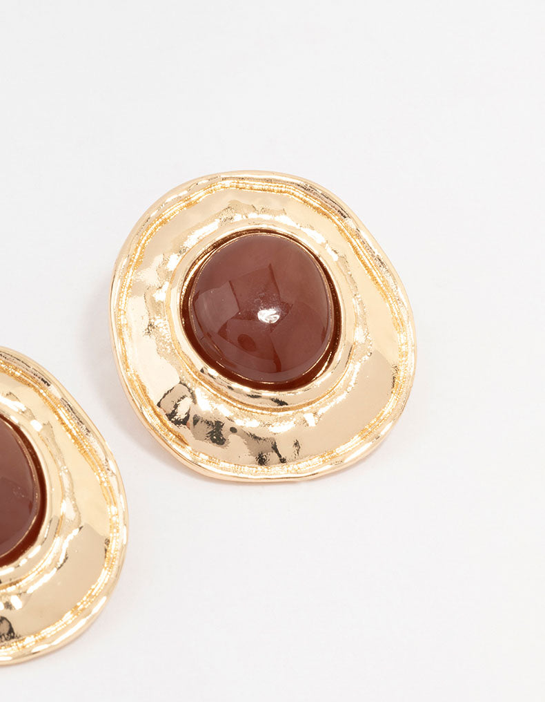 Gold Molten Circle Disc Stud Earrings