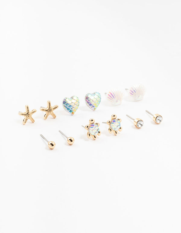 Kids Gold Sea Theme Stud Earrings 6-Pack