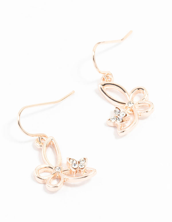 Rose Gold Diamante Butterfly Cut Out Drop Earrings