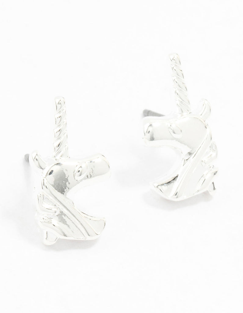 Silver Unicorn Head Stud Earrings