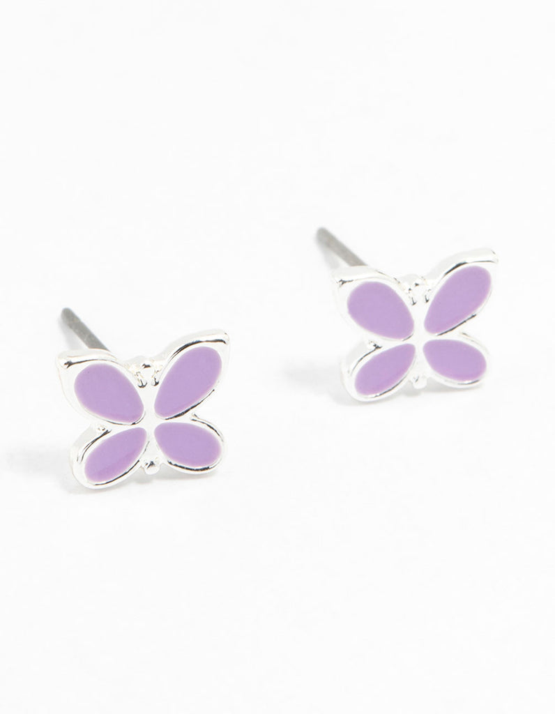 Silver Purple Butterfly Stud Earrings