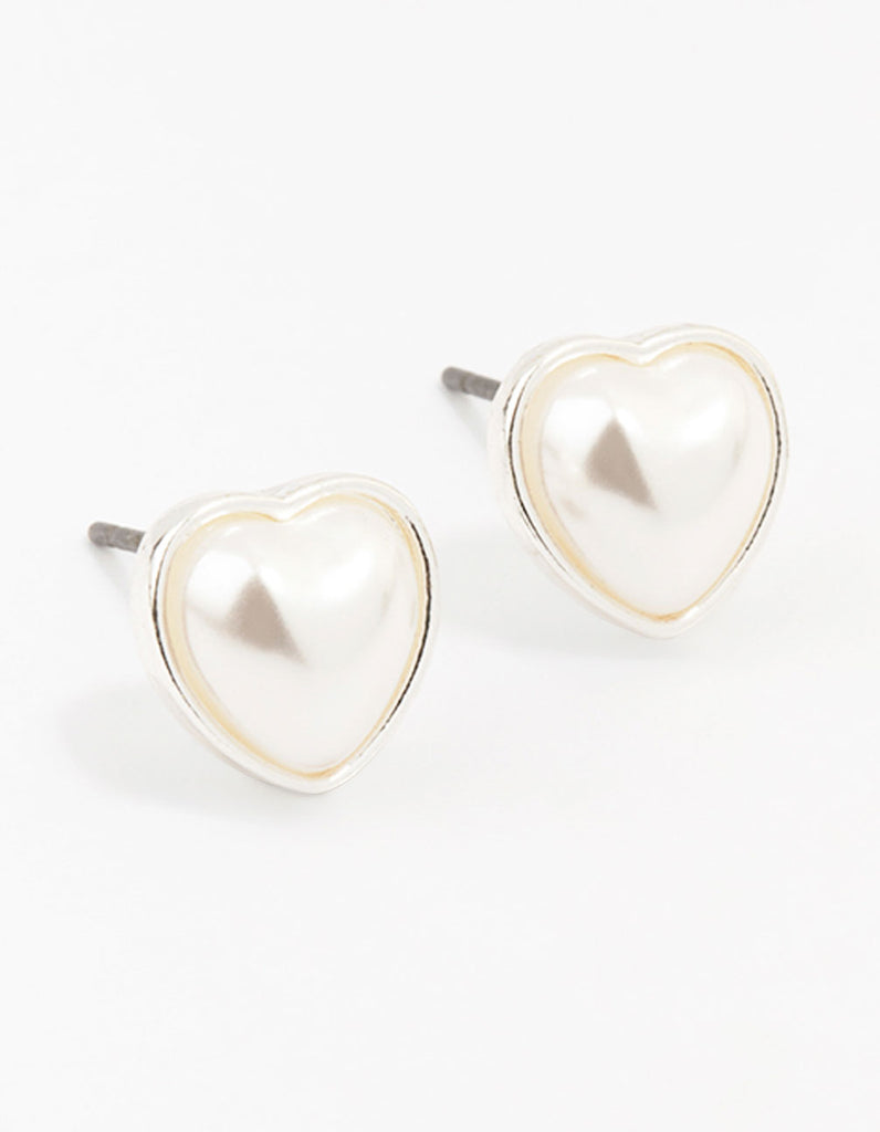 Silver Pearl Heart Stud Earrings