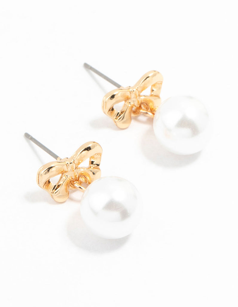 Gold Pearl Drop Bow Stud Earrings