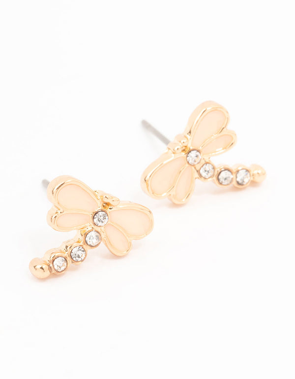 Gold Diamante Dragonfly Stud Earrings