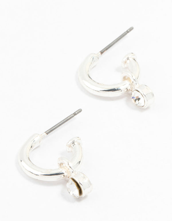 Simple Silver Diamante Huggie Charm Earrings