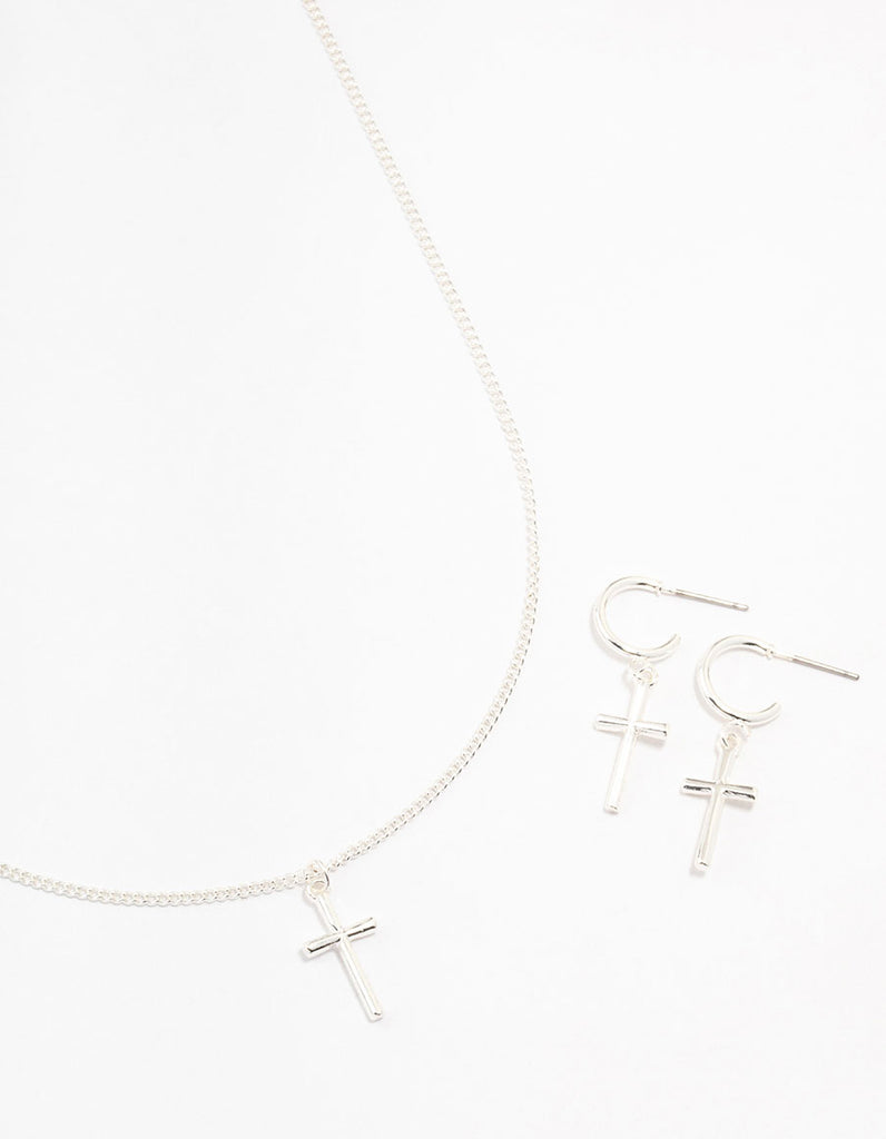 Sleek Silver Cross Necklace & Earring Set