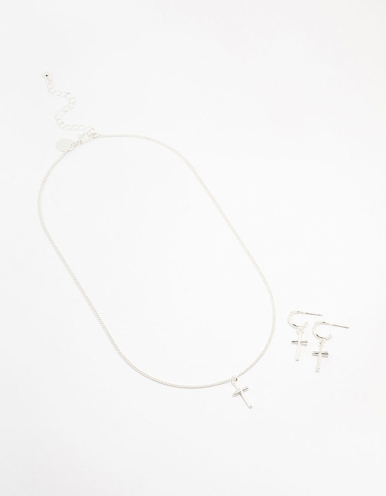 Sleek Silver Cross Necklace & Earring Set