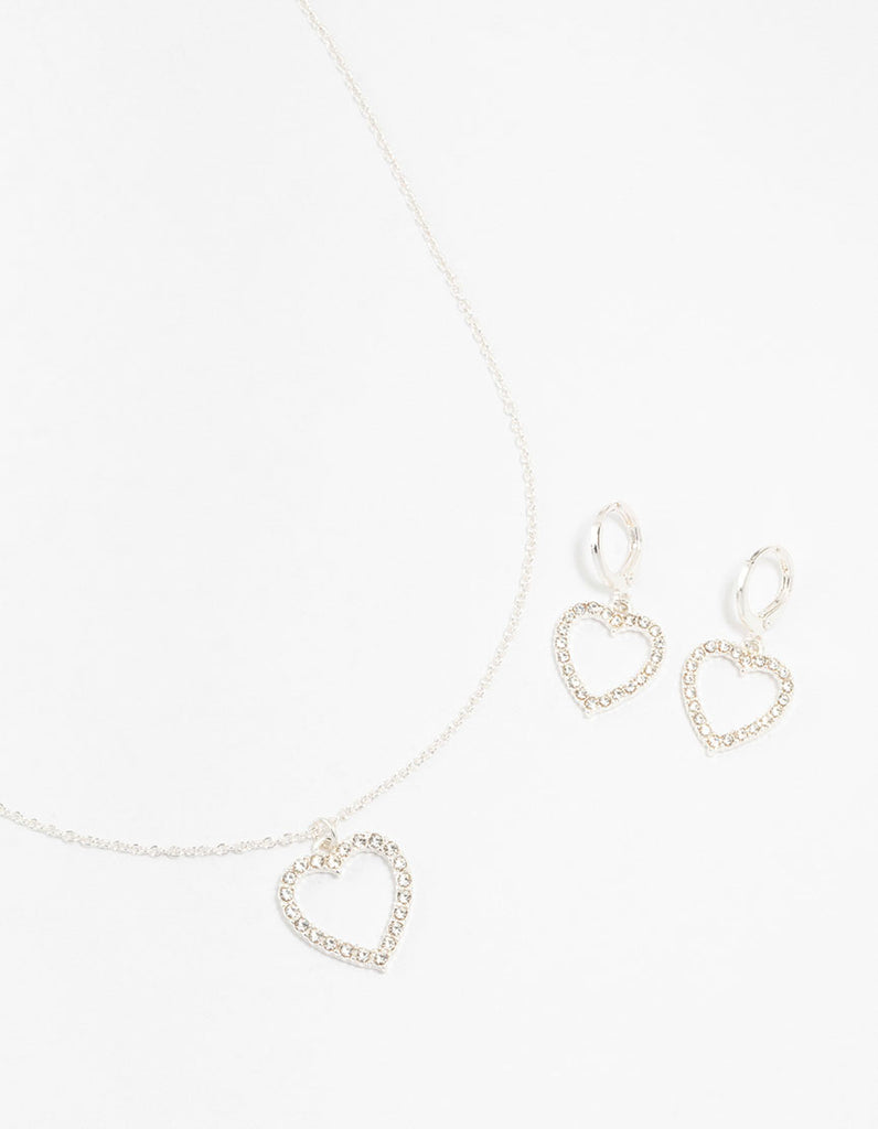 Silver Diamante Heart Necklace & Earring Set