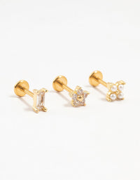 Gold Plated Surgical Steel Flower And Baguette Flatbacks 3-Pack - link has visual effect only