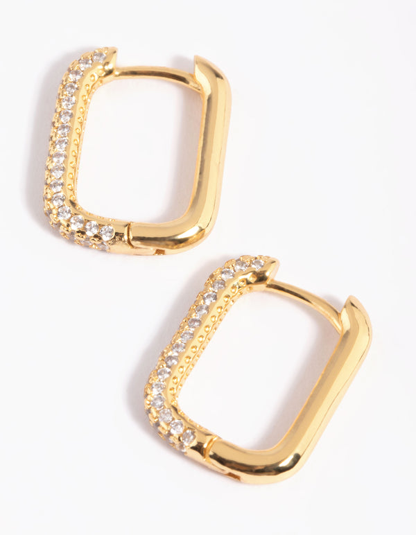 Gold Plated Cubic Zirconia Pave Rectangle Hoop Earrings