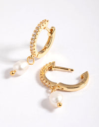 Gold Plated Cubic Zirconia Simple Pearl Huggie Earrings - link has visual effect only