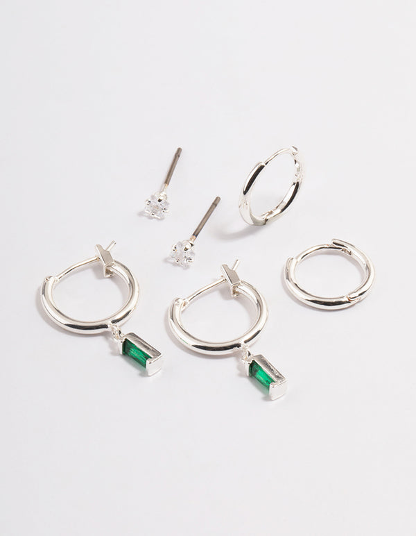 Silver Plated  Cubic Zirconia Green Baguette Huggie Earrings 6-Pack