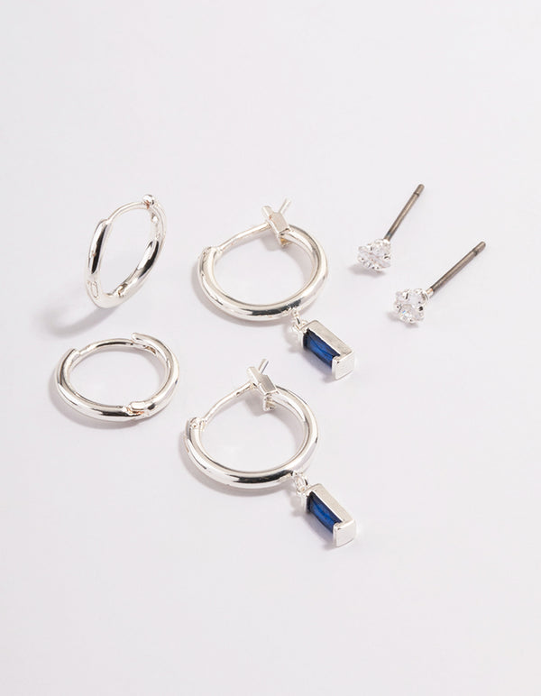 Silver Plated Cubic Zirconia Sapphire Huggie Earrings 6-Pack