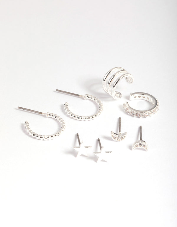 Silver Plated Star & Moon Stud Earrings 8-Pack