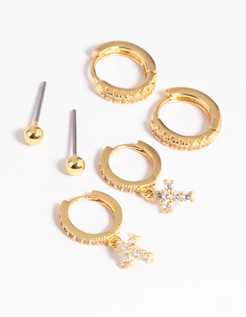 Gold Cubic Zirconia Pave Cross Earrings 6-Pack