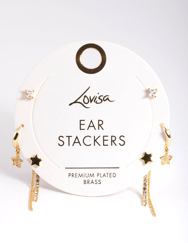 Gold Plated Stars & Chain Earrings 6-Pack