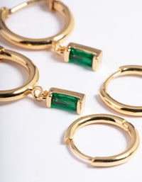 Gold Plated  Cubic Zirconia Green Baguette Huggie Earrings 6-Pack - link has visual effect only