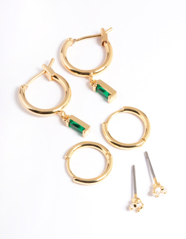 Gold Plated  Cubic Zirconia Green Baguette Huggie Earrings 6-Pack