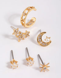 Gold Plated  Cubic Zirconia Celestial Stud Earrings 6-Pack - link has visual effect only