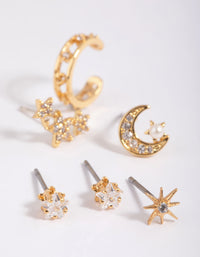 Gold Plated  Cubic Zirconia Celestial Stud Earrings 6-Pack - link has visual effect only