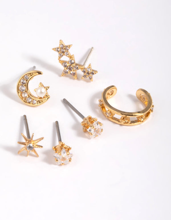 Gold Plated  Cubic Zirconia Celestial Stud Earrings 6-Pack