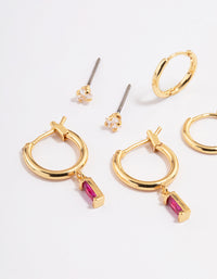 Gold Plated Cubic Zirconia Fuchsia  Huggie Hoop Earrings 6-Pack - link has visual effect only