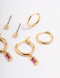 Gold Plated Cubic Zirconia Fuchsia  Huggie Hoop Earrings 6-Pack - link has visual effect only