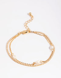 Gold Plated Cubic Zirconia Cupchain & Pearl Bracelets 2-Pack - link has visual effect only