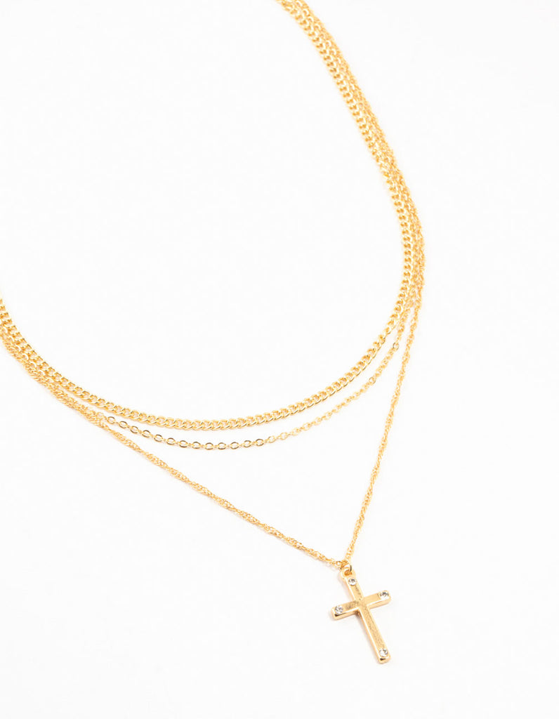 Gold Plated Diamante Cross Necklaces 3-Pack