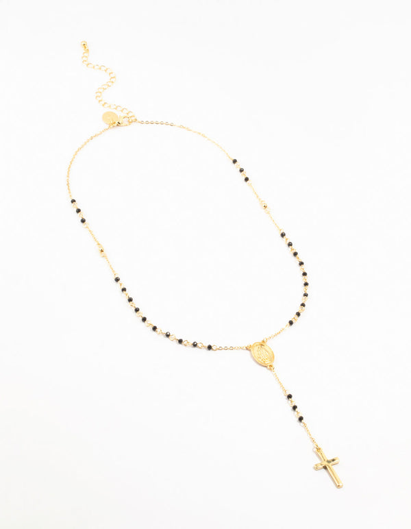 Gold Plated Cross Mary Beaded Necklace