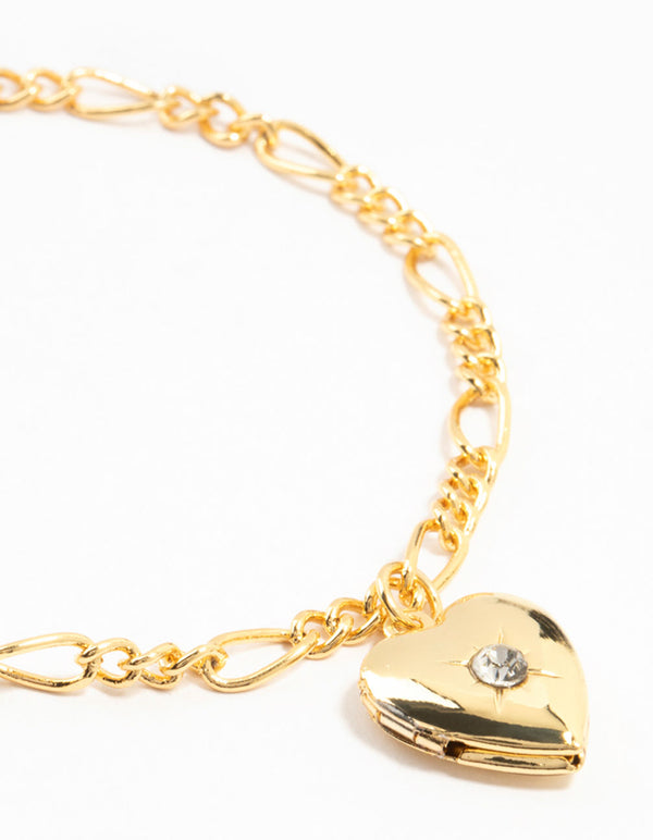 Gold Plated Diamante Heart Locket Figaro Bracelet