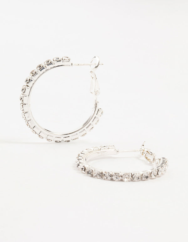 Silver Cup Chain Diamante Hoop Earrings