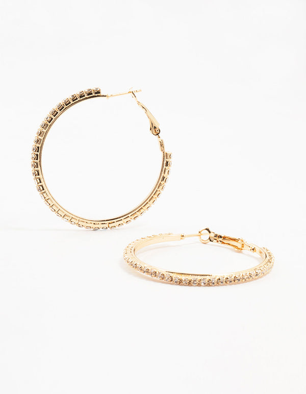 Gold Large Skinny Diamante Hoop Earrings