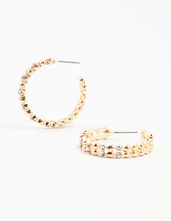 Gold Double Diamante Stapled Hoop Earrings