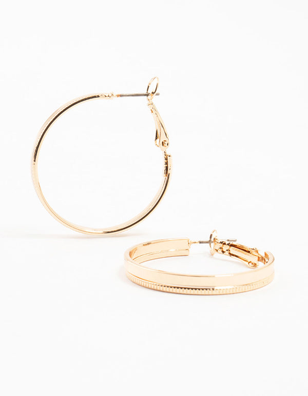 Gold Etched & Plain Hoop Earrings