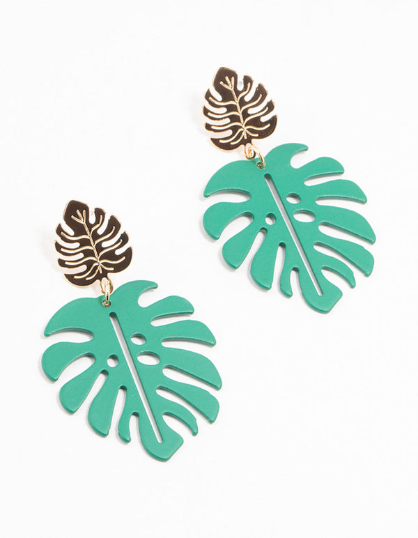 Gold & Green Coated Monstera Leaf Drop Earrings