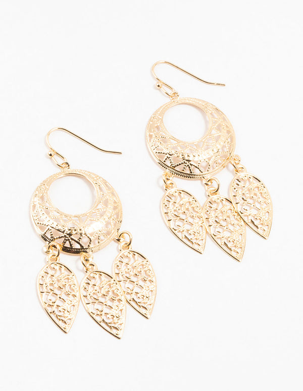 Gold Filigree Dreamcatcher Drop Earrings