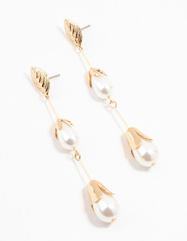 Gold Leaf Triple Pearl Drop Earrings