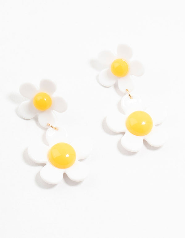 Acrylic White & Yellow Double Daisy Drop Earrings