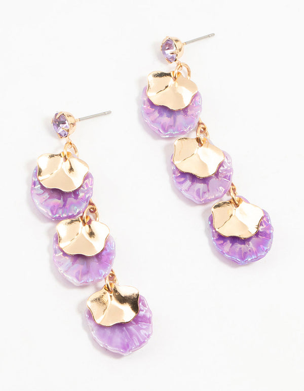 Purple Acrylic Pearlised Petal Drop Gold Earrings