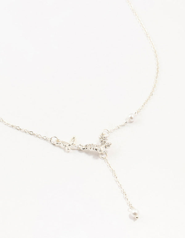 Silver Diamante Pearl Butterfly  Y-Necklace