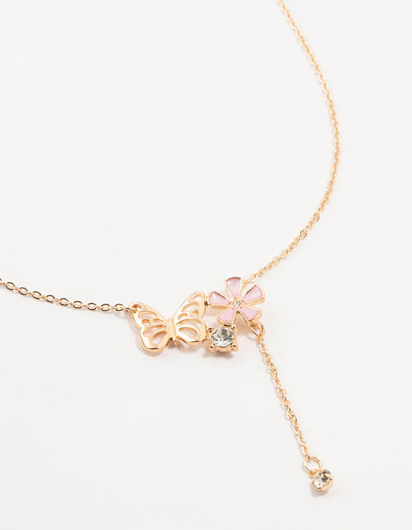 Gold Butterfly Flower Diamante Drop Necklace