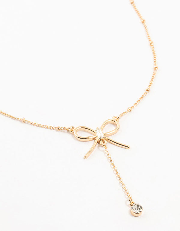 Gold Ball & Chain Bow Drop Necklace